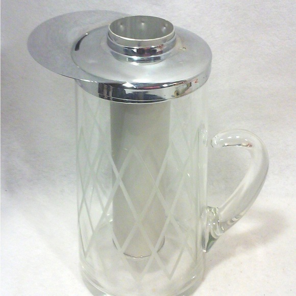 Vintage 40s Era Etched  Blown Thick Glass Water Pitcher Chiller